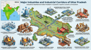Major industries of Uttar Pradesh featuring Noida IT hub, Kanpur leather industry, Varanasi silk, Moradabad brassware, Defence Industrial Corridor, and India map with Uttar Pradesh highlighted.