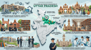 Education and famous universities of Uttar Pradesh featuring BHU, IIT Kanpur, IIM Lucknow, AMU, University of Allahabad, and India map with Uttar Pradesh highlighted.