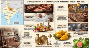 GI tagged products of Uttar Pradesh featuring Banarasi Silk, Lucknow Chikan, Kannauj Attar, Bhadohi Carpet, Moradabad Metal Craft, Khurja Pottery, and India map with Uttar Pradesh highlighted.