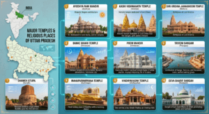 Major temples and religious places of Uttar Pradesh featuring Ayodhya Ram Mandir, Kashi Vishwanath Temple, Mathura, Vrindavan, Prayagraj, Sarnath, Kushinagar, and India map with Uttar Pradesh highlighted.