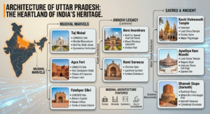 Architecture of Uttar Pradesh featuring the Taj Mahal, Agra Fort, Fatehpur Sikri, Bara Imambara, Rumi Darwaza, Kashi Vishwanath Temple, and India map with Uttar Pradesh highlighted.