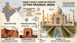 UNESCO World Heritage Sites of Uttar Pradesh featuring the Taj Mahal, Agra Fort, Fatehpur Sikri, and India map with Uttar Pradesh highlighted.
