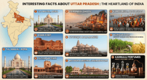 Interesting facts about Uttar Pradesh featuring the Taj Mahal, Varanasi, Ayodhya, Kumbh Mela, Agra Fort, Kannauj perfume, and India map with Uttar Pradesh highlighted.