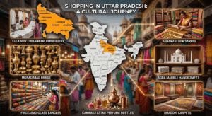 Shopping in Uttar Pradesh featuring Chikankari embroidery, Banarasi silk sarees, Agra marble handicrafts, Moradabad brassware, Kannauj attar, and India map with Uttar Pradesh highlighted.