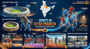 Sports of Uttar Pradesh featuring Ekana Cricket Stadium, Green Park Stadium, cricket, hockey, wrestling, kabaddi, and India map with Uttar Pradesh highlighted.