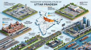Transport of Uttar Pradesh featuring Lucknow Airport, Charbagh Railway Station, Yamuna Expressway, Lucknow Metro, UPSRTC buses, and India map with Uttar Pradesh highlighted.