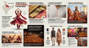 Culture of Uttar Pradesh featuring Kathak dance, Banarasi silk, Chikankari embroidery, Ramlila, Banaras Gharana, and India map with Uttar Pradesh highlighted.
