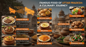 Famous food of Uttar Pradesh featuring Tunday Kebab, Awadhi Biryani, Agra Petha, Banarasi Paan, Mathura Peda, Jalebi, and India map with Uttar Pradesh highlighted.