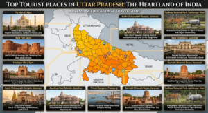 Top tourist places in Uttar Pradesh featuring the Taj Mahal, Ayodhya Ram Mandir, Kashi Vishwanath Temple, Bara Imambara, Sarnath, and India map with Uttar Pradesh highlighted.