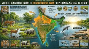 Wildlife and National Parks of Uttar Pradesh featuring Dudhwa National Park, Bengal tiger, Barasingha, Gharial, Gangetic river dolphin, Sarus Crane, and India map with Uttar Pradesh highlighted.