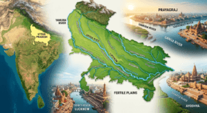 Major rivers of Uttar Pradesh featuring the Ganga, Yamuna, Ghaghara, Gomti, Sarayu, Triveni Sangam, and India map with Uttar Pradesh highlighted.