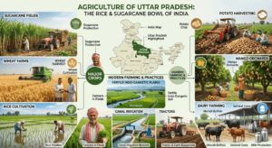 Agriculture of Uttar Pradesh featuring sugarcane fields, wheat farms, rice cultivation, mango orchards, dairy farming, and India map with Uttar Pradesh highlighted.