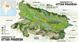 Geography of Uttar Pradesh featuring the Indo-Gangetic Plains, Ganga River, Yamuna River, Vindhya Hills, Dudhwa National Park, and India map with Uttar Pradesh highlighted.