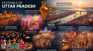 Festivals of Uttar Pradesh featuring Kumbh Mela, Ayodhya Deepotsav, Lathmar Holi, Janmashtami, Dev Deepawali, and India map with Uttar Pradesh highlighted