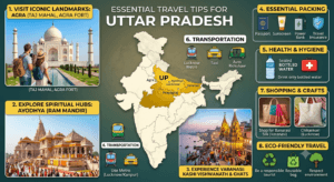 Travel tips for Uttar Pradesh featuring the Taj Mahal, Ayodhya Ram Mandir, travel essentials, shopping, metro, and India map with Uttar Pradesh highlighted.