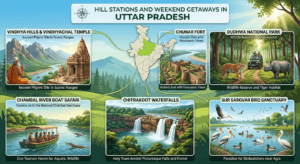 Hill stations and weekend getaways in Uttar Pradesh featuring Dudhwa National Park, Vindhya Hills, Chunar Fort, Chitrakoot, Chambal River, and India map with Uttar Pradesh highlighted.