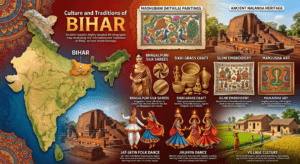 Culture and traditions of Bihar featuring Madhubani painting, Bhagalpuri Silk, folk dances, traditional crafts, and India map with Bihar highlighted.