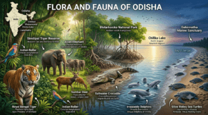 Traditional food of Odisha featuring Pakhala Bhata, Dalma, Mahaprasad, Chhena Poda, Odia Rasagola, Khaja, and an authentic Odia thali.