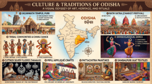Culture and traditions of Odisha featuring Odissi dance, Jagannath Temple, Rath Yatra, Pattachitra paintings, Sambalpuri Ikat, tribal culture, and Pipili Appliqué.