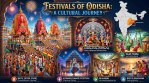 Festivals of Odisha featuring Rath Yatra, Durga Puja, Konark Dance Festival, Raja Parba, Nuakhai, Boita Bandana, and traditional Odissi dance.