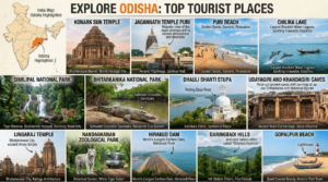 Top tourist attractions in Odisha featuring Konark Sun Temple, Jagannath Temple, Chilika Lake, Puri Beach, Similipal National Park, Bhitarkanika National Park, and Hirakud Dam.