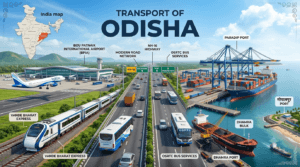 Transport infrastructure of Odisha featuring Biju Patnaik International Airport, Vande Bharat Express, NH-16, Paradip Port, Dhamra Port, and OSRTC buses.