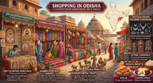 Shopping in Odisha featuring Pattachitra paintings, Sambalpuri Ikat sarees, Pipili Appliqué, Silver Filigree jewellery, Dhokra crafts, and traditional handicrafts.