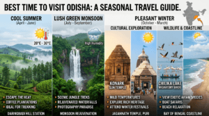 Best time to visit Odisha showing winter tourism, Chilika Lake migratory birds, Konark Sun Temple, Daringbadi, monsoon landscapes, and seasonal weather icons.