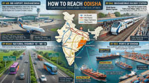 How to reach Odisha by air, train, road, and sea featuring Biju Patnaik International Airport, Vande Bharat Express, NH-16, and Paradip Port.