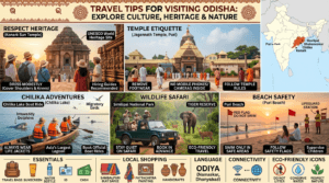 Travel tips for visiting Odisha featuring Konark Sun Temple, Jagannath Temple, Chilika Lake, Similipal safari, travel essentials, and eco-friendly tourism icons.