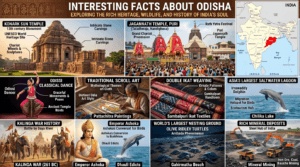 Interesting facts about Odisha featuring Konark Sun Temple, Jagannath Temple, Chilika Lake, Olive Ridley turtles, Odissi dance, and the Kalinga War.