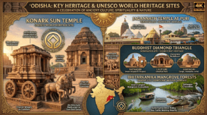 UNESCO World Heritage Sites of Odisha featuring Konark Sun Temple, Jagannath Temple, Lalitgiri, Ratnagiri, Udayagiri Buddhist sites, and Bhitarkanika mangroves.