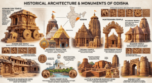 Architecture and historical monuments of Odisha featuring Konark Sun Temple, Jagannath Temple, Lingaraj Temple, Mukteswara Temple, Udayagiri and Khandagiri Caves, and Dhauli Shanti Stupa.