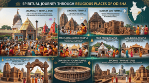 Religious places of Odisha featuring Jagannath Temple, Lingaraj Temple, Konark Sun Temple, Tara Tarini Temple, Maa Samaleswari Temple, and Buddhist monasteries.
