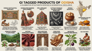 GI tagged products of Odisha featuring Pattachitra paintings, Sambalpuri Ikat, Pipili Appliqué, Tarakasi silver filigree, Odisha Rasagola, Koraput Coffee, and Kandhamal Haladi.