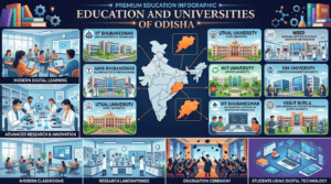 Education and universities of Odisha featuring IIT Bhubaneswar, AIIMS Bhubaneswar, Utkal University, KIIT University, NISER, and modern educational infrastructure.