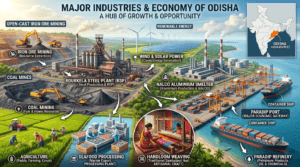 Major industries and economy of Odisha featuring steel plants, aluminium industry, mining, Paradip Port, petroleum refinery, agriculture, fisheries, and handloom.