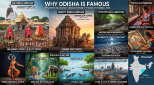 Why Odisha is famous featuring Jagannath Temple, Konark Sun Temple, Chilika Lake, Similipal National Park, Odissi dance, Sambalpuri Ikat, and Olive Ridley turtles.
