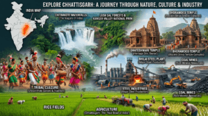 Introduction to Chhattisgarh featuring Chitrakote Waterfall, tribal culture, Sal forests, Danteshwari Temple, steel industries, and India map highlighting Chhattisgarh.