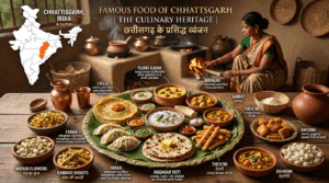 Famous food of Chhattisgarh featuring Chila, Faraa, Angakar Roti, Bafauri, Dubki Kadhi, Bore Baasi, Thethri, Khurmi, and traditional tribal cuisine.
