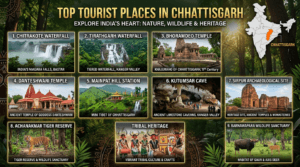Top tourist places in Chhattisgarh featuring Chitrakote Waterfall, Tirathgarh Waterfall, Kanger Valley National Park, Kutumsar Cave, Danteshwari Temple, Bhoramdeo Temple, Sirpur, and Mainpat.