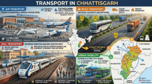 Transport in Chhattisgarh featuring Swami Vivekananda Airport, Bilaspur Junction, highways, buses, railways, and road connectivity across the state.