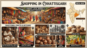 Shopping in Chhattisgarh featuring Bastar Dhokra art, Kosa silk sarees, bamboo crafts, tribal jewellery, terracotta pottery, and local handicraft markets.