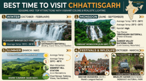 Best time to visit Chhattisgarh featuring winter sightseeing, monsoon waterfalls, Mainpat hill station, wildlife safari, and Bastar Dussehra festival.
