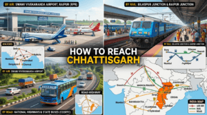 How to reach Chhattisgarh featuring Raipur Airport, Bilaspur Junction, highways, buses, trains, and major transport routes across the state.