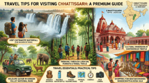 Travel tips for visiting Chhattisgarh featuring Chitrakote Waterfall, wildlife safari, trekking, Danteshwari Temple, Dhokra handicrafts, and travel essentials.
