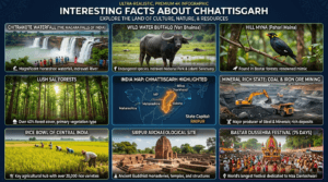 Interesting facts about Chhattisgarh featuring Chitrakote Waterfall, Bastar Dussehra, Wild Water Buffalo, Hill Myna, Sirpur, forests, and mineral resources.