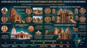 UNESCO heritage of Chhattisgarh featuring Sirpur Archaeological Site, Laxman Temple, Bhoramdeo Temple, Danteshwari Temple, and Ratanpur Fort.