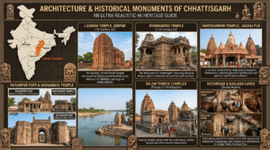 Architecture and historical monuments of Chhattisgarh featuring Bhoramdeo Temple, Laxman Temple, Danteshwari Temple, Ratanpur Fort, and Kutumsar Cave.