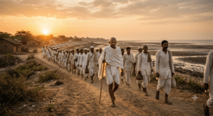 Mahatma Gandhi leading the historic Dandi Salt March with 78 Satyagrahis.